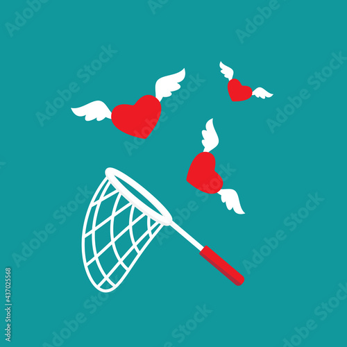 Butterfly net with flying hearts. Catch, hunt, chase symbol. Achieve love or dreams concept.