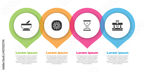 Set Mortar and pestle, Pentagram in circle, Medieval goblet and Bottle with potion. Business infographic template. Vector