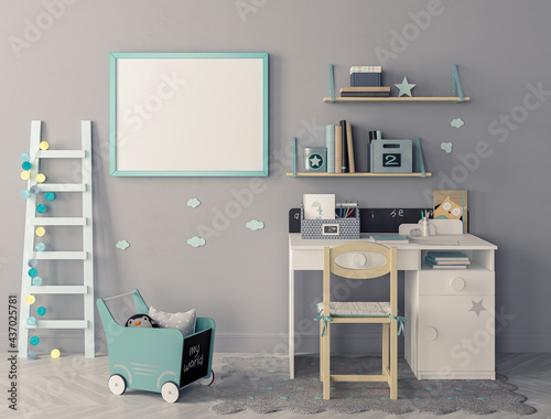 modern kid's room with set of chair and desk, ladder leaning against the wall, poster mockup, 3d Render