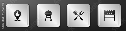 Set Location with fire flame, Barbecue grill, Crossed fork and spatula and BBQ brazier icon. Silver square button. Vector