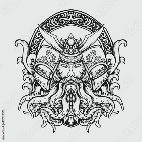 tattoo and t shirt design black and white hand drawn samurai octopus engraving ornament