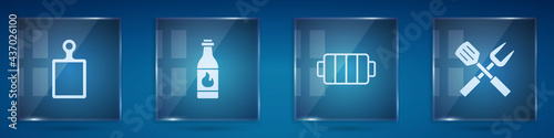 Set Cutting board, Tabasco sauce, Barbecue grill and Crossed fork and spatula. Square glass panels. Vector