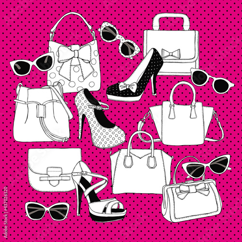 Set Shoes Bags Glasses Black & White & Pink