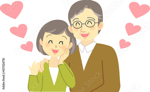 イラスト素材:ハートを背景にシニア夫婦が肩を抱き合いラブラブな場面　ハートが沢山
