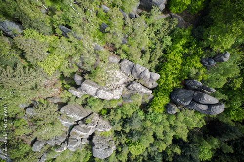 Aerial birds eye view of sandstone rocks "Broumov Walls" in Czech Republic Europe