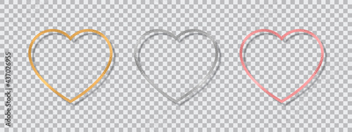 Vector illustration of shiny heart shape frame. Set of three gold, silver, and rose gold paper heart frames with shadow isolated on transparent background. Luxury border for artwork.