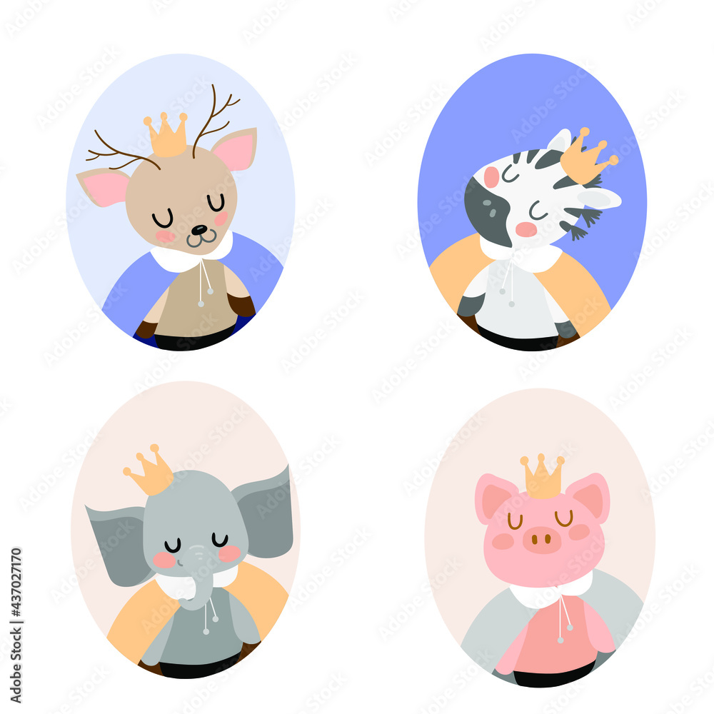 animals set in crown on the white background