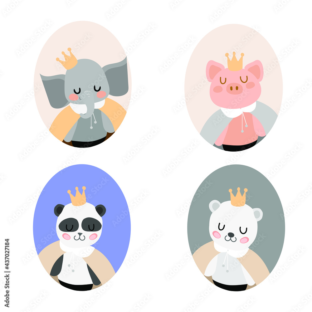 animals set in crown on the white background