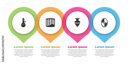 Set Bottle of olive oil, Ancient column, amphorae and Greek shield. Business infographic template. Vector