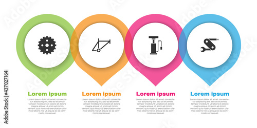 Set Bicycle sprocket crank, frame, air pump and Swiss army knife. Business infographic template. Vector
