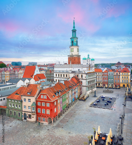 Poznan, Poland. Aerial view of Market (Rynek) square with small colorful houses and old Town Hall