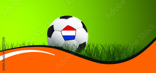 Football with the flag of the Netherlands on green soccer grass field. Vector background banner. Sport finale or school, sports game cup. Summer, spring time, Street ball games.