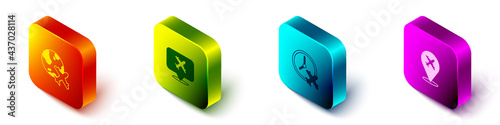 Set Isometric Globe with flying plane, Speech bubble airplane, Clock and Plane icon. Vector