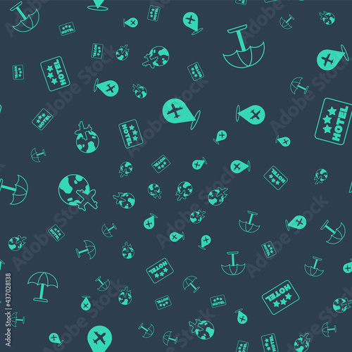 Set Plane, Sun protective umbrella, Globe with flying plane and Signboard text Hotel on seamless pattern. Vector