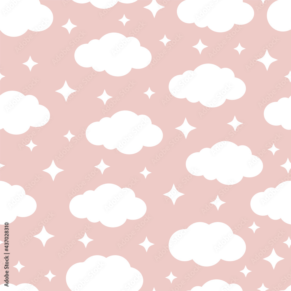 Cute seamless pattern with clouds and white stars on a pink background. Vector illustration for fabrics, textures, wallpapers, posters, postcards. Childish fun print. Editable elements.