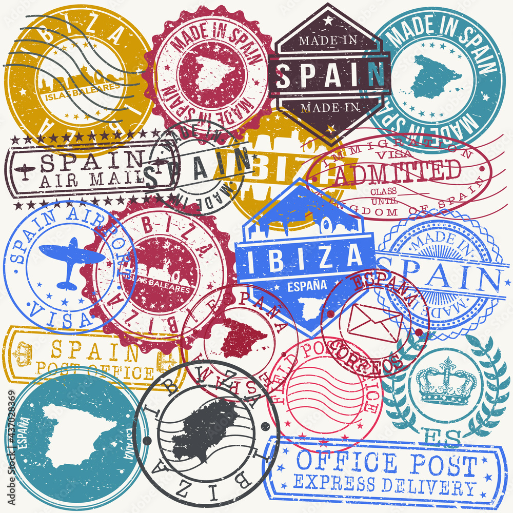 Obraz premium Ibiza Spain Set of Stamps. Travel Stamp. Made In Product. Design Seals Old Style Insignia.