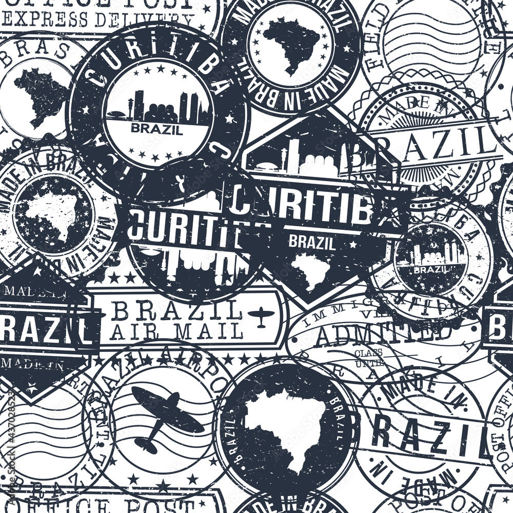 Curitiba Brazil Stamps Background. A City Stamp Vector Art. Set of Postal Passport Travel. Design Set Pattern.