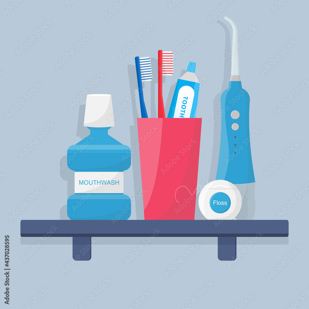 Oral and teeth care. Set of dental cleaning tools. Toothbrushes, electric toothbrush, portable oral irrigator and toothpaste, mouthwash, dental floss are on a shelf. Dental hygiene. Oral and teeth care. Set of dental cleaning tools. Toothbrushes, electric toothbrush, portable oral irrigator and toothpaste, mouthwash, dental floss are on a shelf. Dental hygiene.