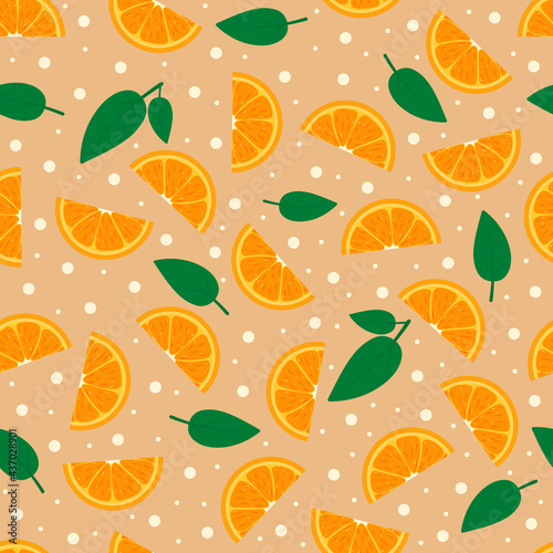 Pattern with orange slices and leaves. Vector illustration.