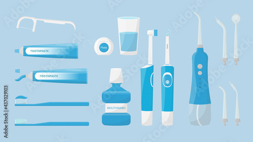 Oral and teeth care. Set of dental cleaning tools. Toothbrush, electric toothbrush, portable irrigator and toothpaste, mouthwash, dental floss isolated. Dental hygiene. 