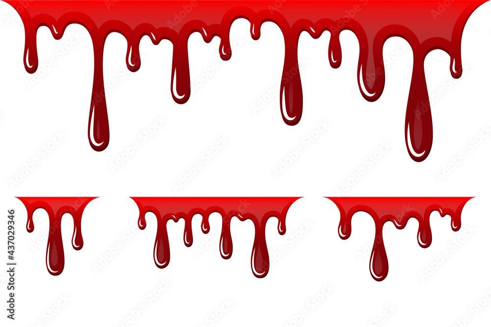Blood drip 3d set. Halloween bloodstain isolated white background. Splatter stain. Horror drop flow. Red scare ink. Blot texture. Colorful splash. Stream bleeding. Flowing liquid Vector illustration