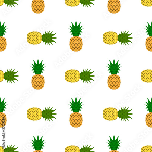 Pineapple, leaf seamless pattern. Tropical fruits textile texture isolated white background. Food print, fabric wrapping decorative backdrop. Nature concept. Repeat design element. Vector illustration
