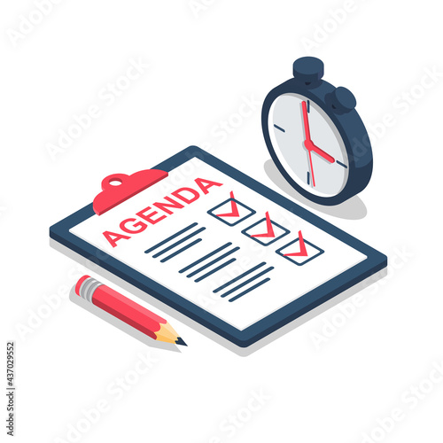 Clipboard agenda. Monitoring time stopwatch. Pencil for report. Vector illustration isometric design. Isolated on background. White sheets with marks.