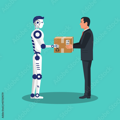 Delivery courier. Robot give the cardboard box to the person. Delivery future. Vector illustration flat design. Modern technology. Isolated on background.
