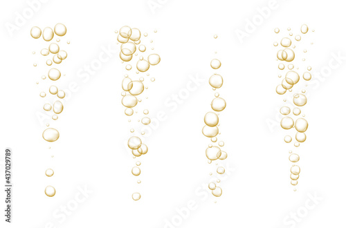 Gold fizzy bubbles. Sparkles champagne. Fizzy pop and effervescent drink. Abstract fresh soda and air bubbles, oxygen, champagne crystal. Vector illustration on black transparent background.