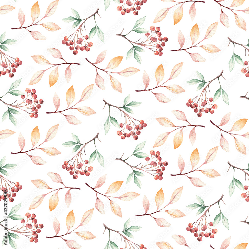 Watercolor autumn seamless pattern with mashrooms, branches, leaves and berries. Set of autumn forest plants. Collection of herbarium garden.