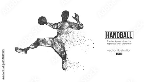 Foto Abstract silhouette of a wireframe handball player from particles on the background