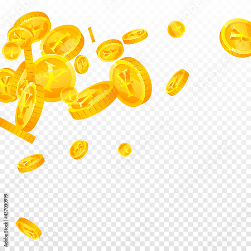 Chinese yuan coins falling. Adorable scattered CNY coins. China money. Pleasant jackpot, wealth or success concept. Vector illustration.
