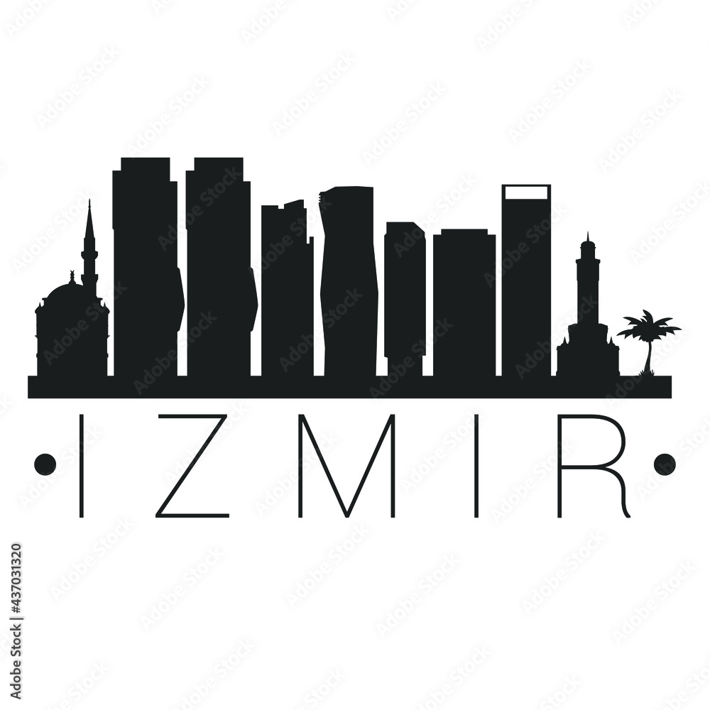 İzmir, Turkey City Skyline. Silhouette Illustration Clip Art. Travel Design Vector Landmark Famous Monuments.