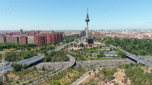 Madrid: Aerial view of capital city of Spain, cityscape | skyline of modern part of city, sunny with blue sky - landscape panorama of Europe from above
 photo