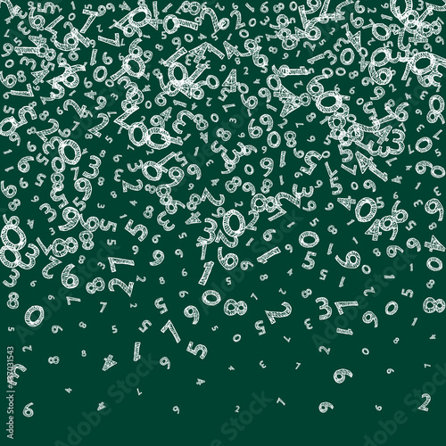 Falling childish chalk numbers. Math study concept with flying digits. Symmetrical back to school mathematics banner on blackboard background. Falling numbers vector illustration.