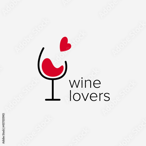 Wine logo. Logo for a liquor store, restaurant, bar. A glass of red wine with a heart labeled "wine lovers".