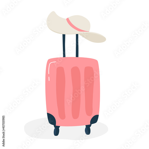 Pink suitcase with a woman's hat. Summer vacation in paradise. Resort concept.
