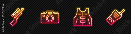Set line Hunting jacket, Sniper rifle with scope, Photo camera and Walkie talkie. Glowing neon icon. Vector