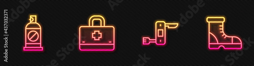 Set line Swiss army knife, Spray against insects, First aid kit and Hunter boots. Glowing neon icon. Vector