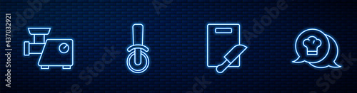 Set line Cutting board and knife, Kitchen meat grinder, Pizza and Chef hat speech bubble. Glowing neon icon on brick wall. Vector