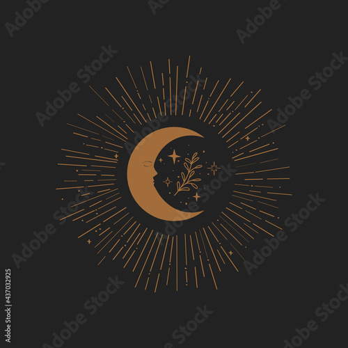 Boho chic crescent moon, stars, rays and leaves in antique style hand drawn line art and dotwork. Witch mystical symbol, astrology, alchemy and magic symbol. Isolated vector illustration