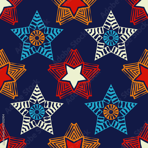 Seamless pattern with decorative stars of curved stripes. Design with manual hatching. Textile. Ethnic boho ornament. Vector illustration for web design or print.