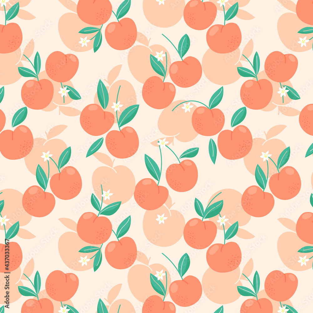 Seamless pattern with peaches or apricots, leaves and flowers. Trendy handdrawn organic flat style. Modern design, vector illustration.