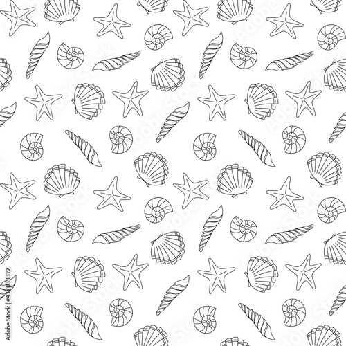 Marine vector seamless background from hand drawn sea shells and stars. Nautical pattern with shellfishes isolated on white