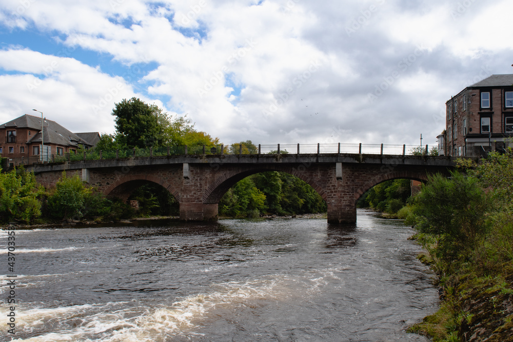 Scene at the river in Blairgowrie in Scotland. Blairgowrie Bridge and River Ericht.
