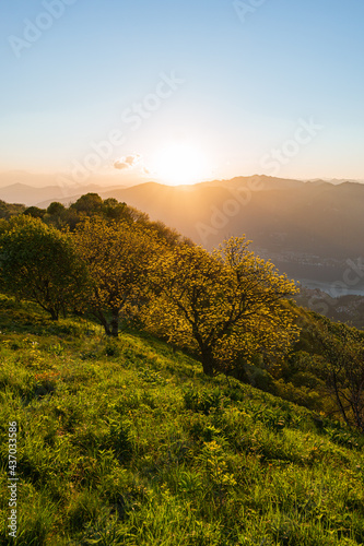 Sunset over the Italian Alps near Lake Como, Italy - May 2021.