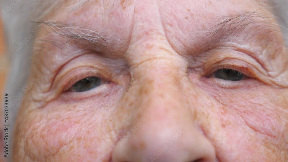 Portrait of elderly woman watching pensive into camera. Close up of wrinkled female face. Grandmother with calmly facial expression. Slow motion Detail view Portrait of elderly woman watching pensive into camera. Close up of wrinkled female face. Grandmother with calmly facial expression. Slow motion Detail view