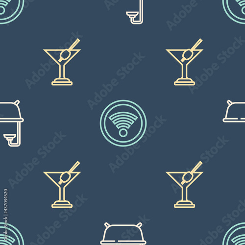 Set line Bathtub with shower, Martini glass and Wi-Fi wireless on seamless pattern. Vector