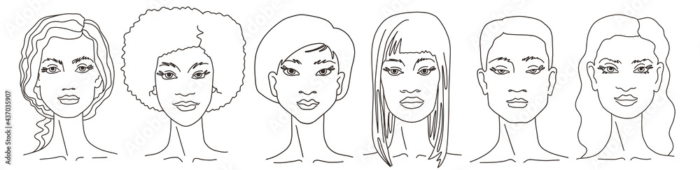 Set of women of different nationalities and cultures together line art. Vector doodle illustration Set of women of different nationalities and cultures together line art. Vector doodle illustration
