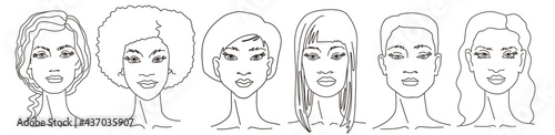 Set of women of different nationalities and cultures together line art. Vector doodle illustration